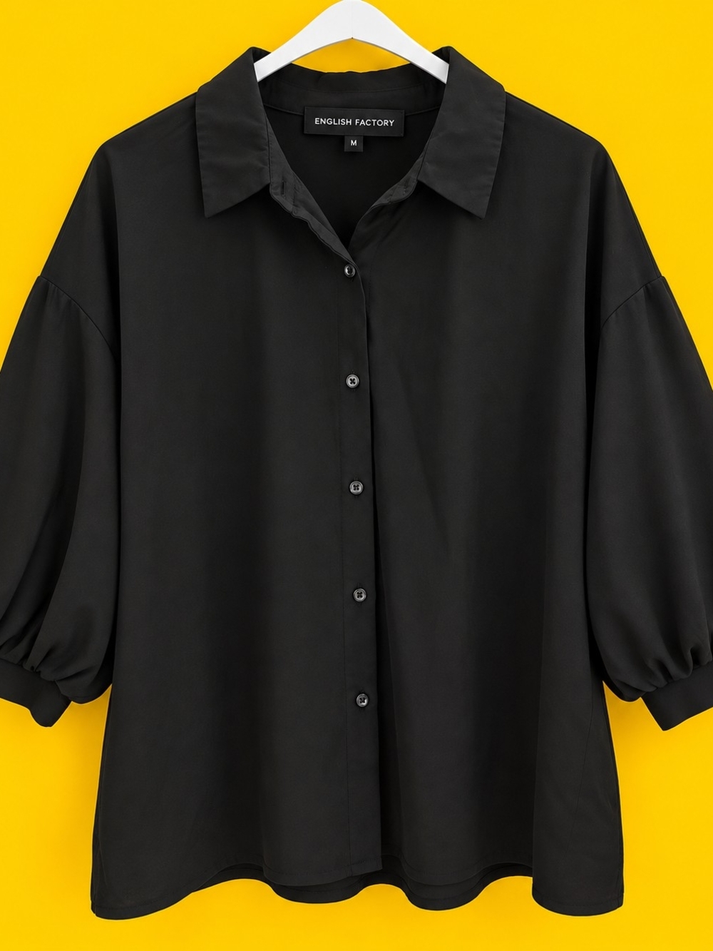 English Factory Black Button-Front Puff Sleeve Shirt